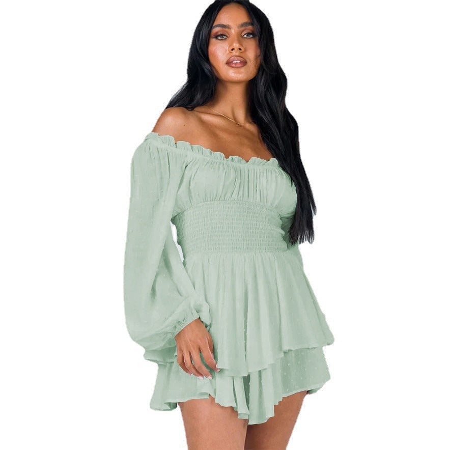 Buy Fashion Solid Color Off-neck Pleated Ruffled Stitching Long Sleeve Casual Jumpsuit online at DLC Market
