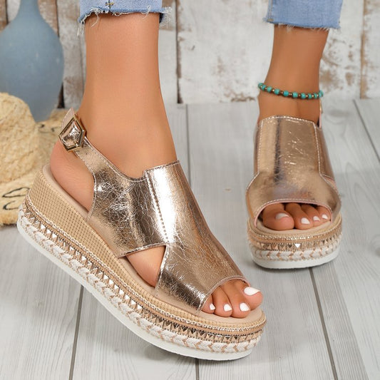 Buy Summer Shiny Sandals Hollow Design Fish Mouth Sandal For Women Fashion Buckle Wedges Shoes online at DLC Market