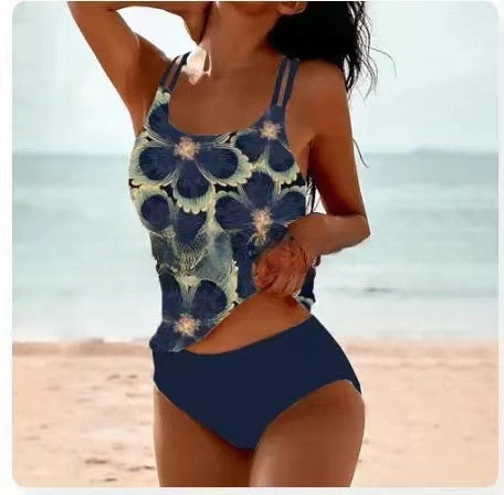 Retro Split High Waist Bikini Beach Print Strap Swimsuit by null