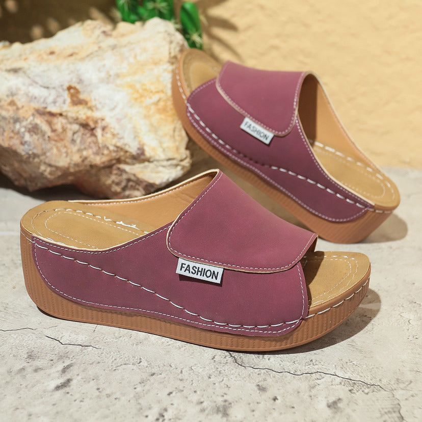 Buy Summer Wedge Slides Slippers Fashion Fish Mouth Thick Bottom Roman Shoes Solid Color Beach Sandals For Women online at DLC Market