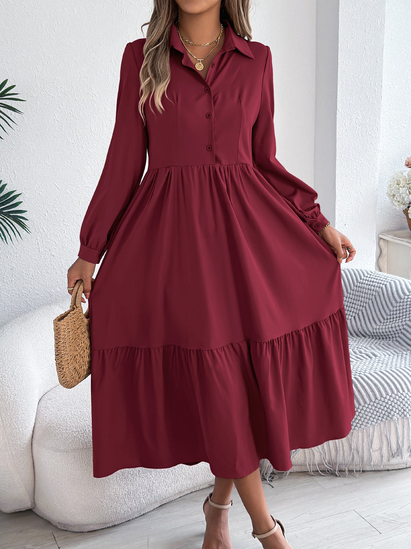 Buy Women's Lapel Casual Loose Long Sleeve Ruffled Shirt Dresses Long Sleeved Turn-down Collar Single-Breasted Dress Spring Autumn Fashion Women's Clothing For Vacation online at DLC Market