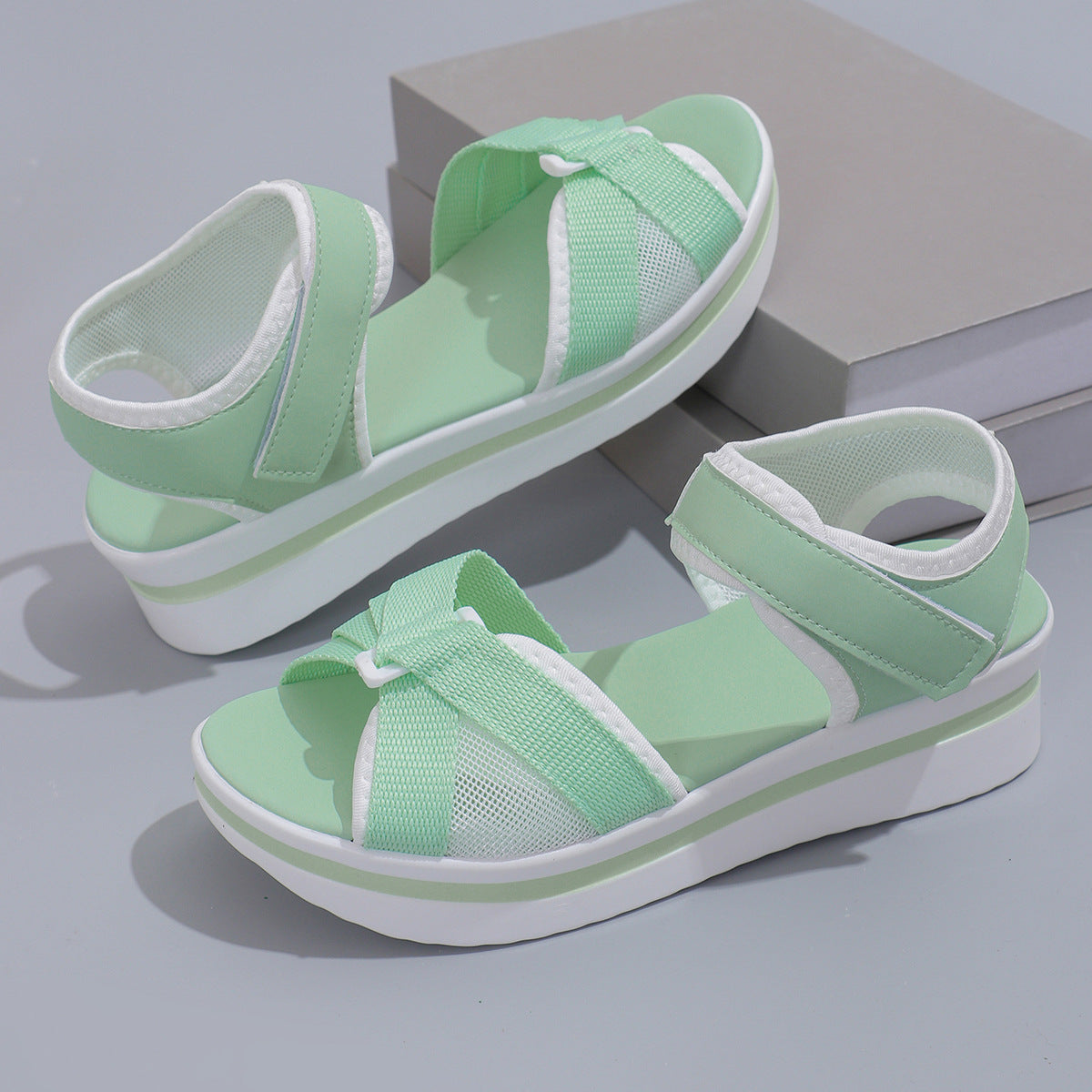 Buy Summer Mesh Cross-strap Sandals With Velcro-design Thick Sole Flats Beach Shoes Women online at DLC Market
