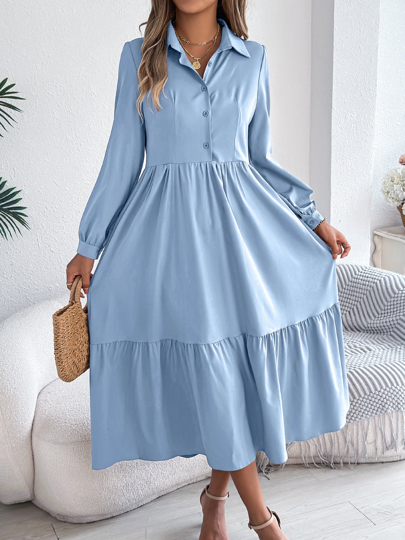 Buy Women's Lapel Casual Loose Long Sleeve Ruffled Shirt Dresses Long Sleeved Turn-down Collar Single-Breasted Dress Spring Autumn Fashion Women's Clothing For Vacation online at DLC Market