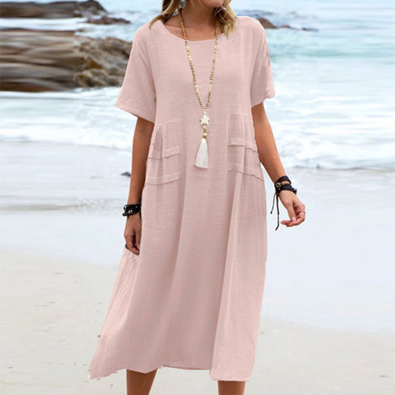 Buy Women's Summer Loose Casual Midi Dress Breathable Cotton Linen Short-sleeve Mid-length Dresses Women Simple Beach Dress online at DLC Market