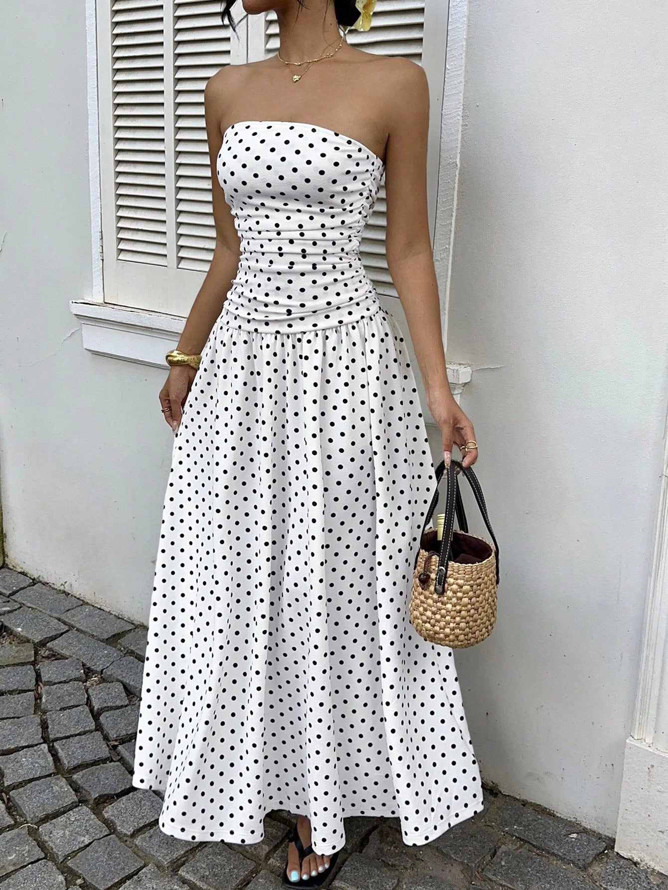 Elegant Polka-dot Off-shoulder Dresses Solid Color Strapless Lady High-waist Robe Commuting Party Business Beach Holiday Outfit by null