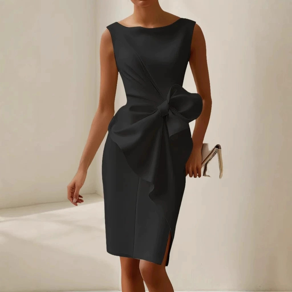 Fashion Bowknot Dress Solid Color Elegant Slim Sleeveless Dresses Women's Casual Office Party Clothing by null