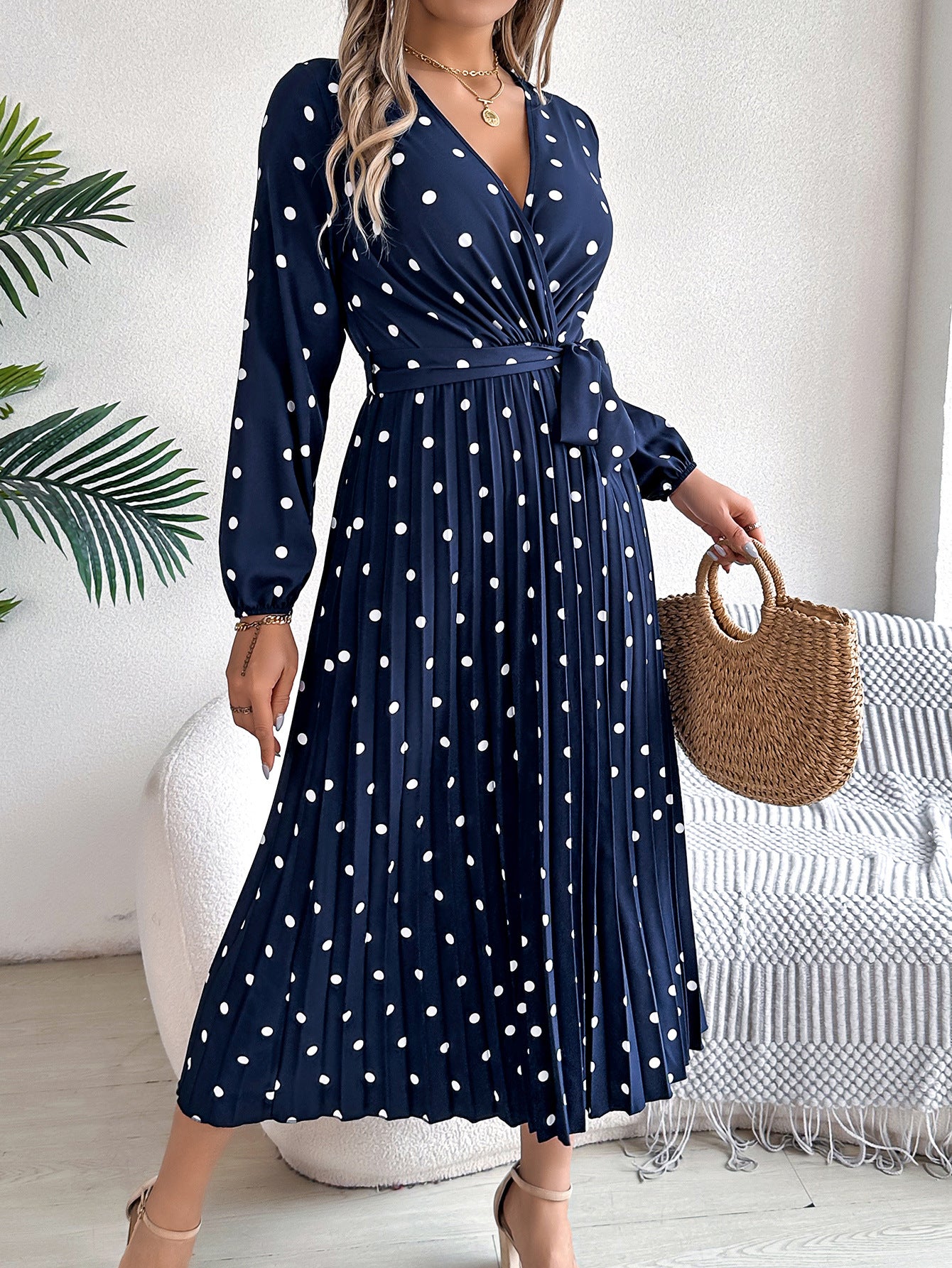 Buy Spring Summer Elegant Long Dress Cross V-Neck Contrast Polka Dot Long Sleeve Pleated Bridesmaid Dresses online at DLC Market