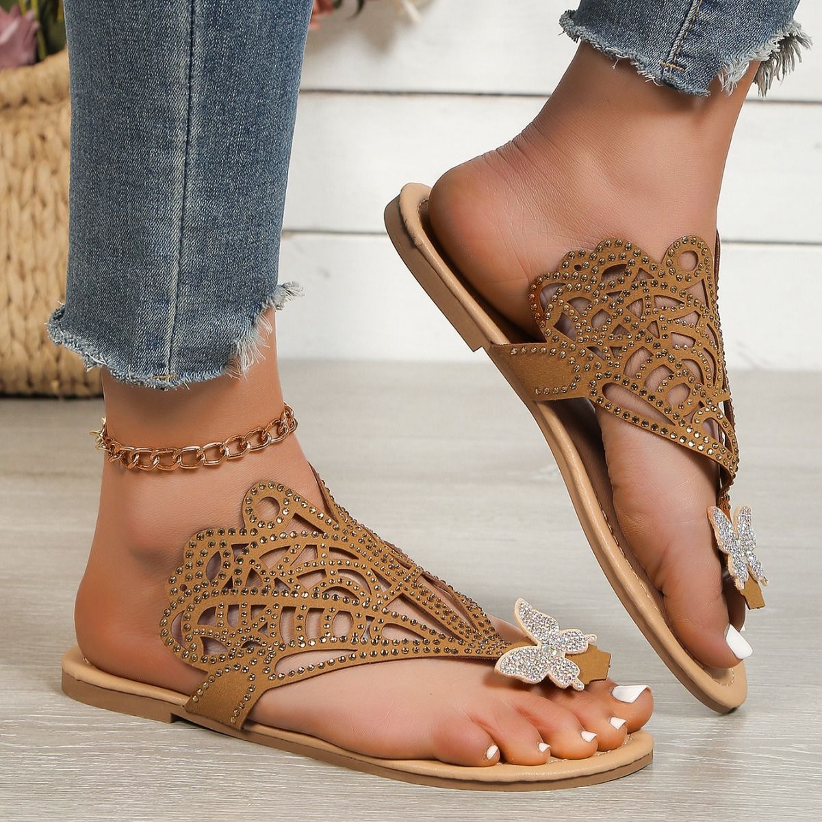 Buy Slip-on Flip-toe Sandals Women's Rhinestone Hollow Flat-heeled Slippers online at DLC Market