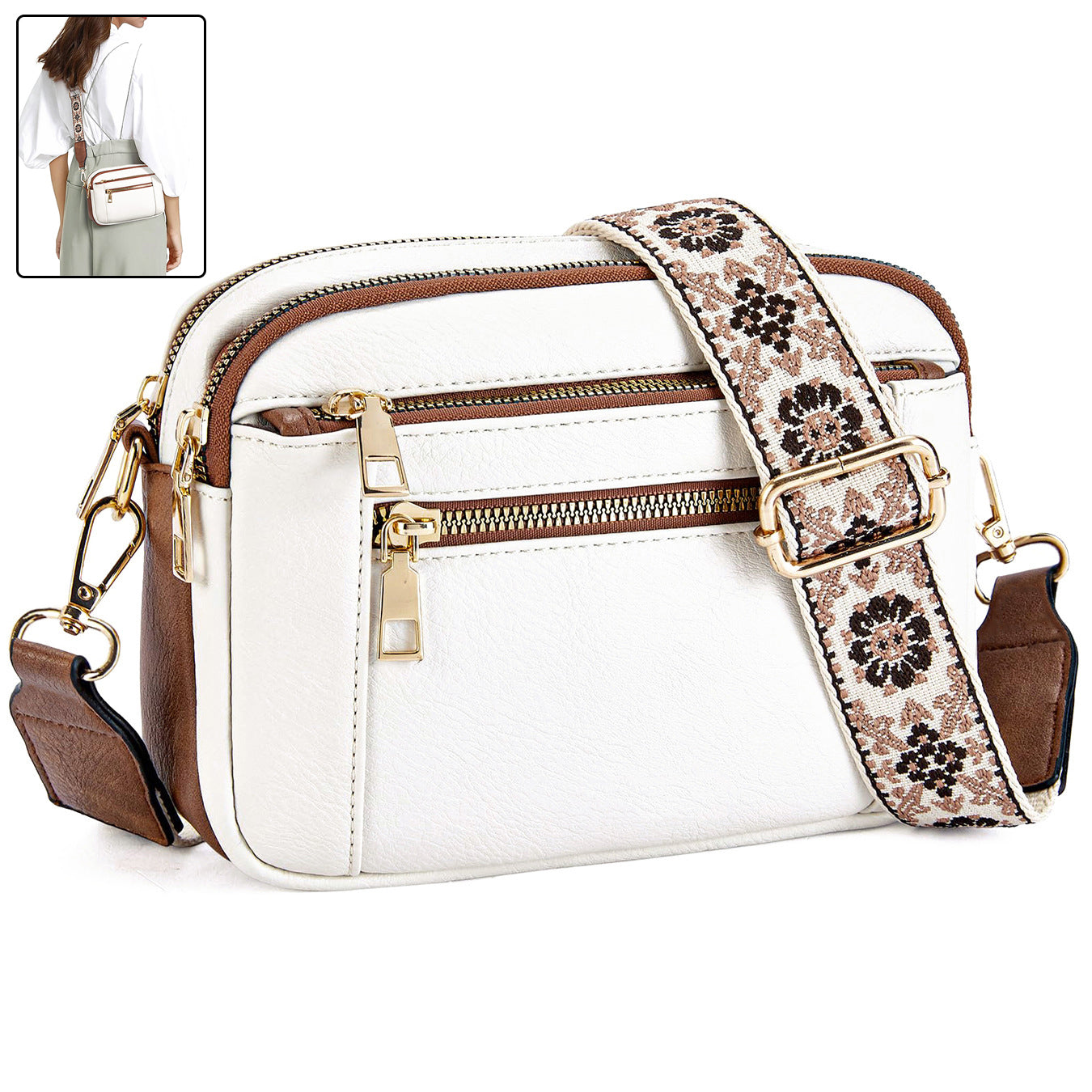 Buy Triple-zipper Shoulder Bag With Floral Embroidered Straps Fashion Colorblock Multi-functional Crossbody Bags For Women online at DLC Market