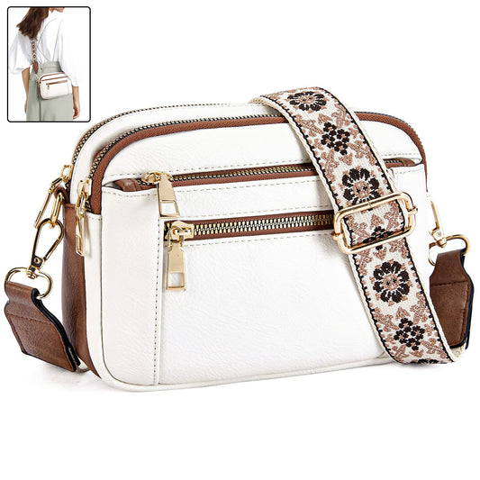Buy Triple-zipper Shoulder Bag With Floral Embroidered Straps Fashion Colorblock Multi-functional Crossbody Bags For Women online at DLC Market