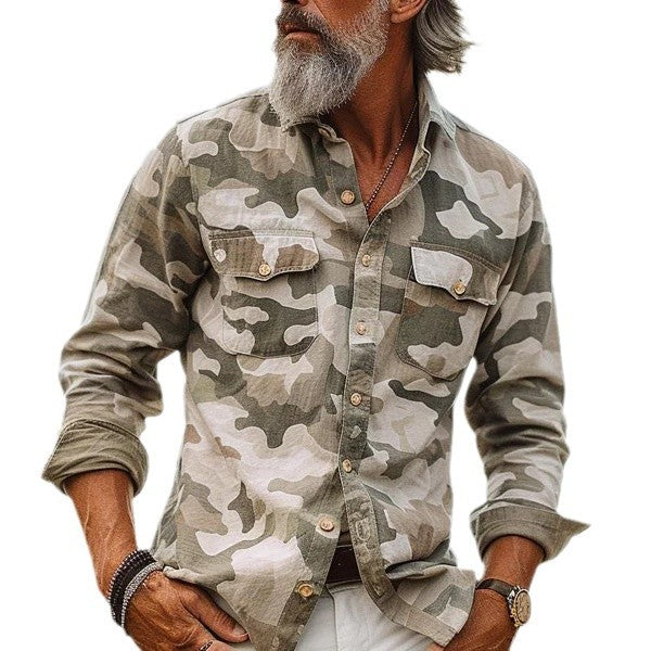 Men's Clothing Print Lapel Long Sleeve Loose Shirt by null