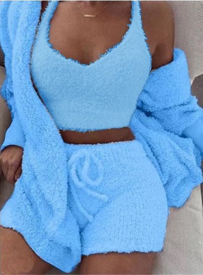 3pcs Womens Clothing Long Sleeve Crop Tank Top And Drawstring Shorts Pajama Set by null