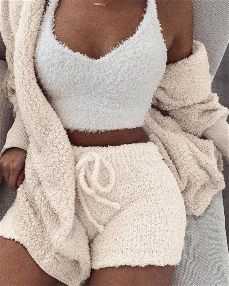 3pcs Womens Clothing Long Sleeve Crop Tank Top And Drawstring Shorts Pajama Set by null