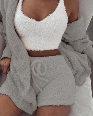3pcs Womens Clothing Long Sleeve Crop Tank Top And Drawstring Shorts Pajama Set by null