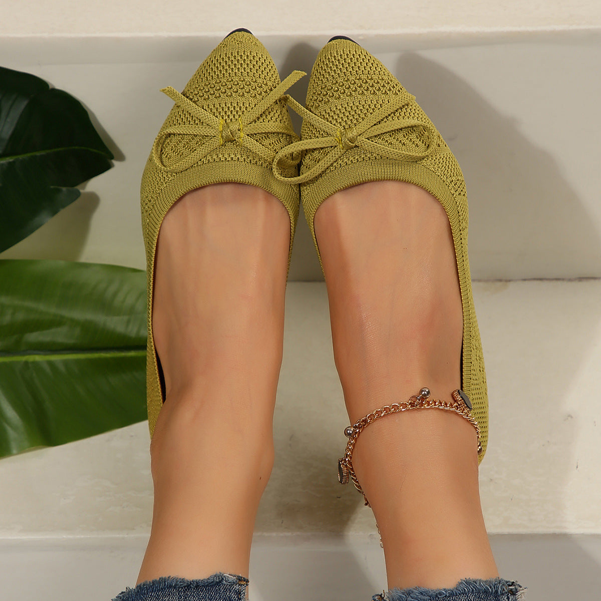 Buy Bow Knitted Loafers Ins Fashion Pointed-toed Flats Shoes For Women online at DLC Market