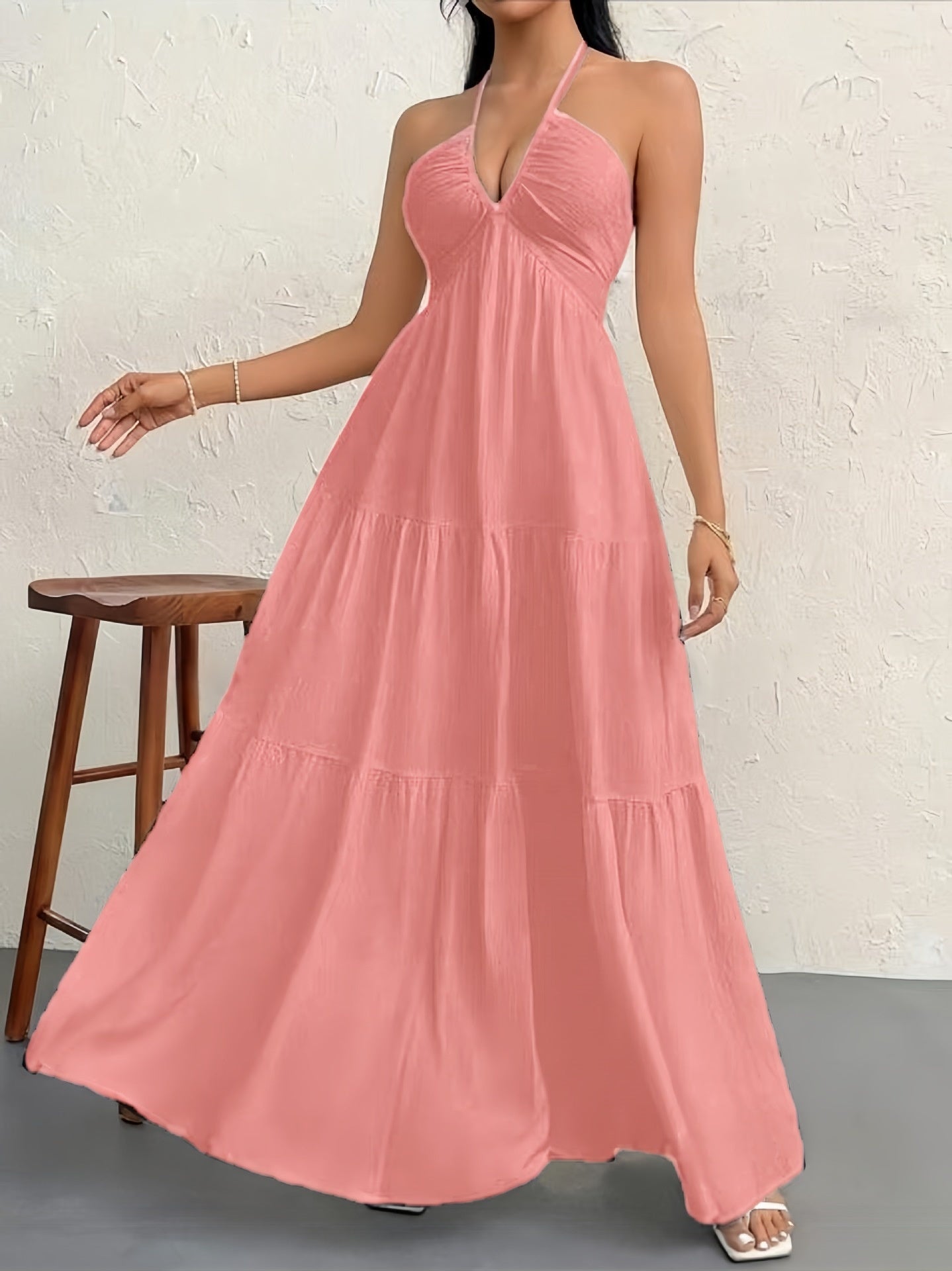 Backless Halterneck V-Neck Pleated A- Line Dress Women's Clothing One-Piece Dress Ankle-length Skirt For Beach Vacation Outfits by null