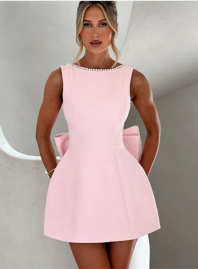 Fashion Big-Bowed Pearls Backless Dress Summer Slim Sleeveless A-line Dresses For Party Evening Women's Clothing by null