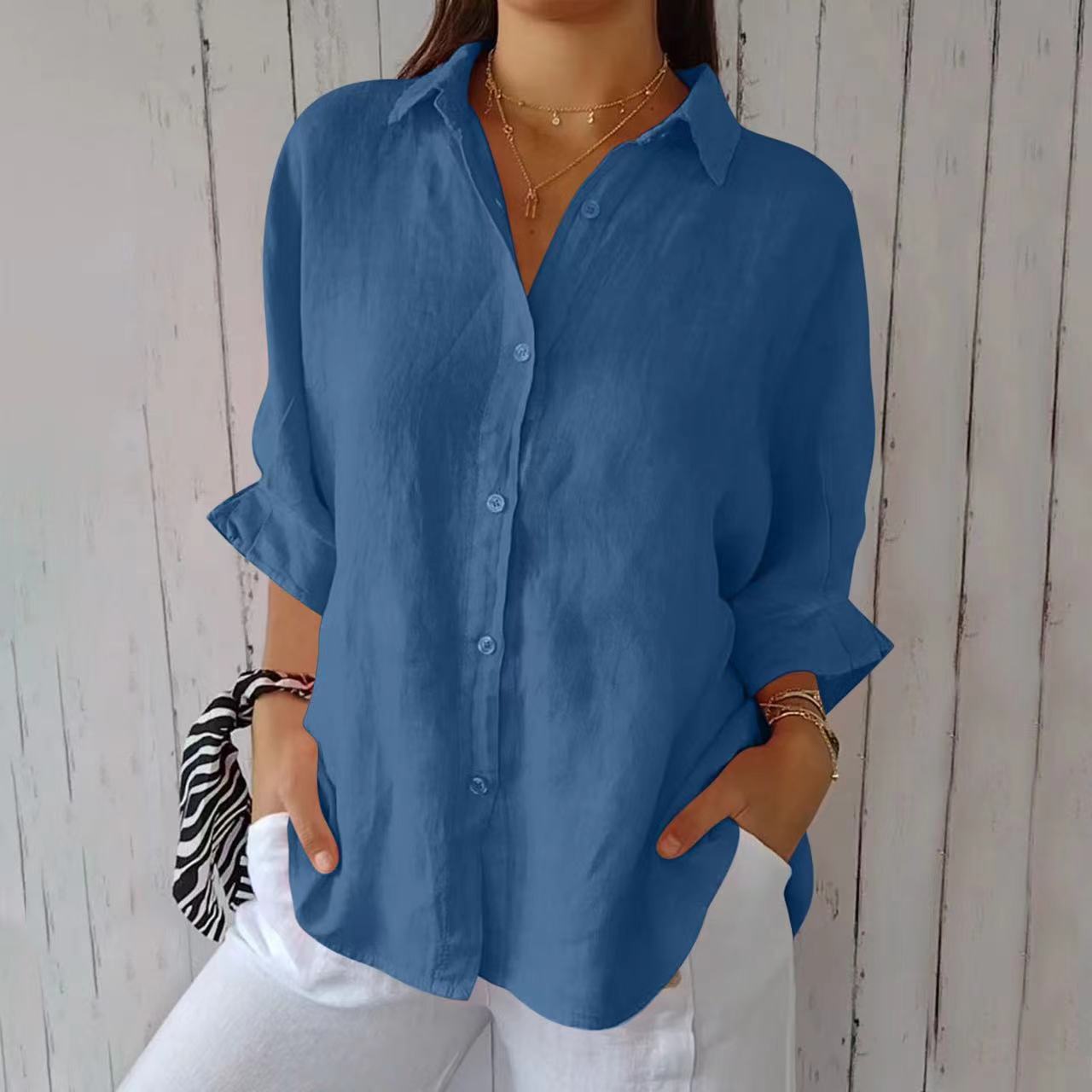 Lapel Long Sleeve Shirt Women's Single-breasted Pleated Shirt Tops Clothing by null