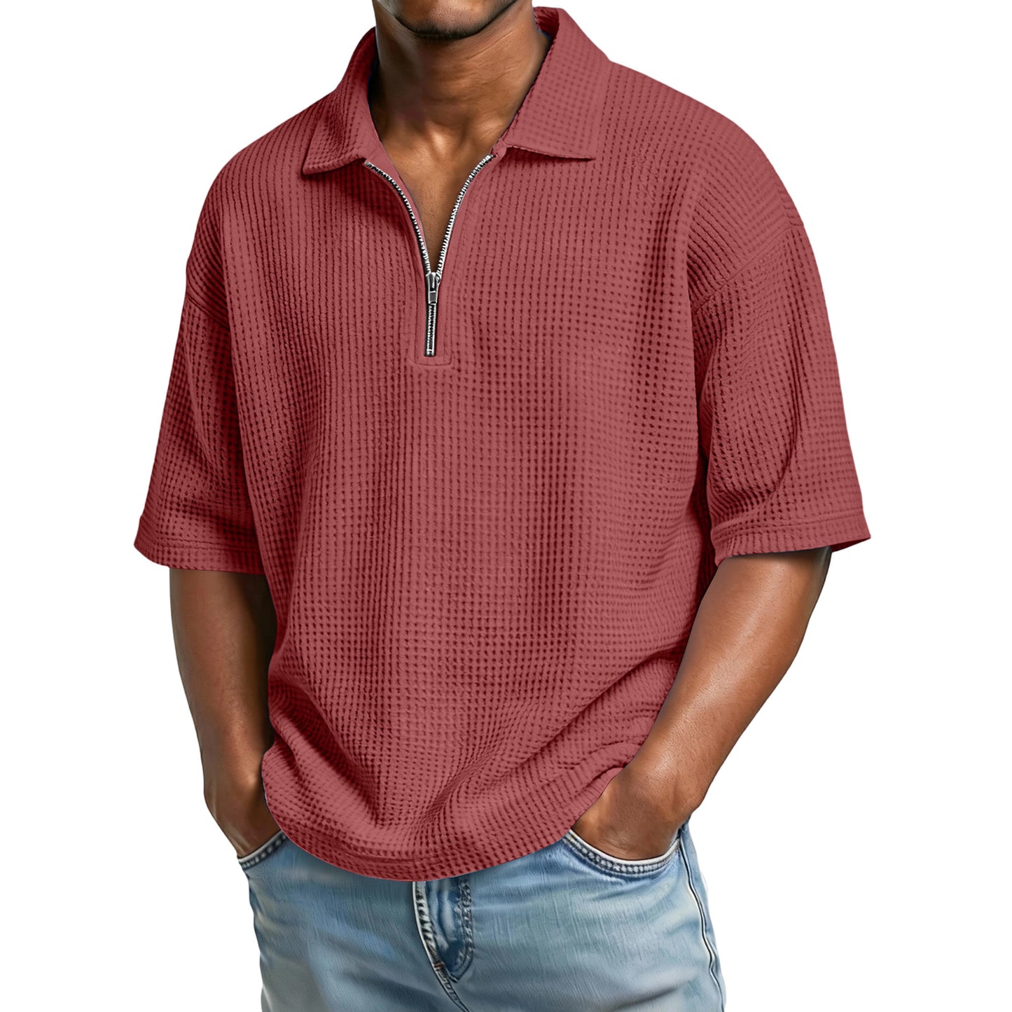 Men's Waffle-Weave Short-Sleeved Shirts Summer Solid Color Lapel Polo Shirt T-Shirt Beach Style Tops by null