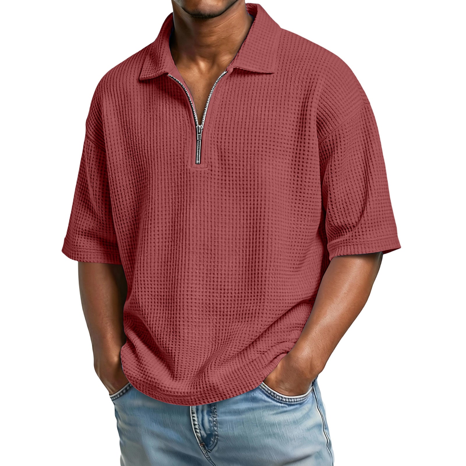 Men's Waffle-Weave Short-Sleeved Shirts Summer Solid Color Lapel Polo Shirt T-Shirt Beach Style Tops by null