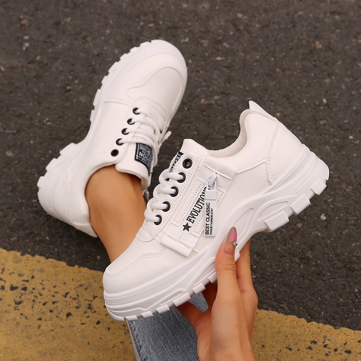 Buy Lace-up Sports Shoes With Side-Zipper Design Fashion Thick-soled Round-toe Casual Shoes For Women Sneakers online at DLC Market