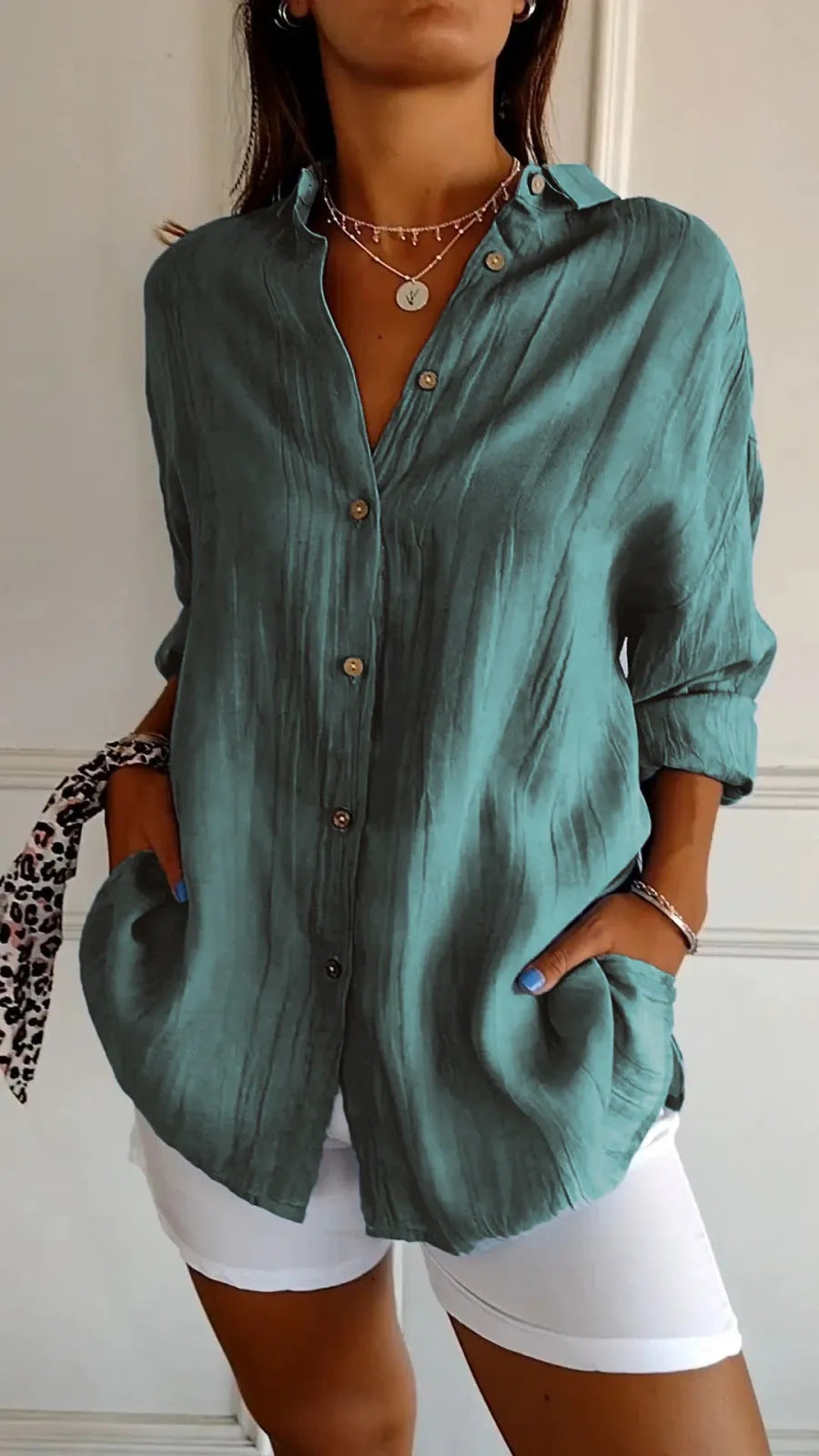 Lapel Long Sleeve Shirt Women's Single-breasted Pleated Shirt Tops Clothing by null