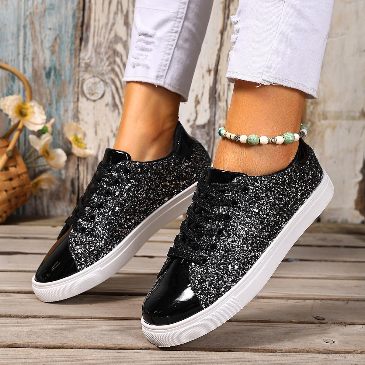 Buy Plus Size Sequined Front Lace-up Solid Color Plus Size Board Shoes online at DLC Market