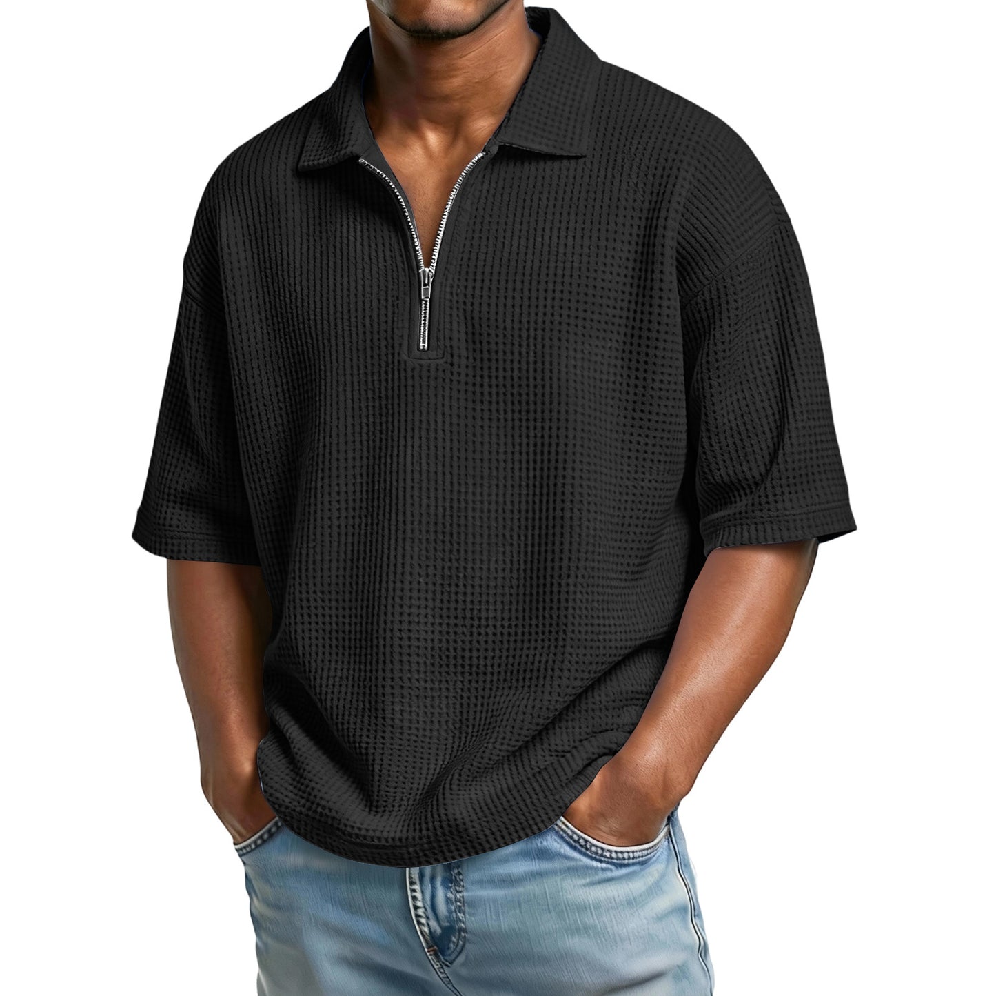 Men's Waffle-Weave Short-Sleeved Shirts Summer Solid Color Lapel Polo Shirt T-Shirt Beach Style Tops by null