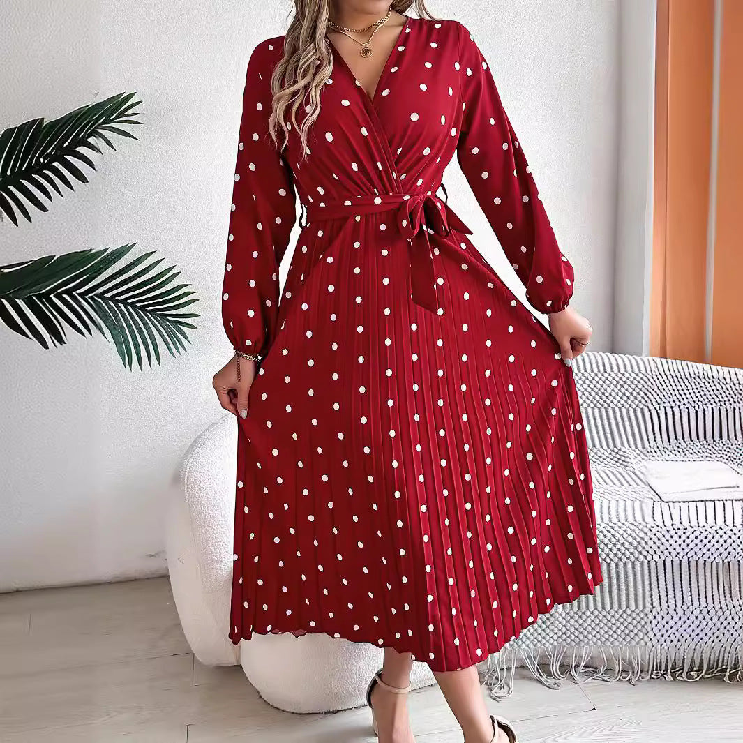 Buy Spring Summer Elegant Long Dress Cross V-Neck Contrast Polka Dot Long Sleeve Pleated Bridesmaid Dresses online at DLC Market