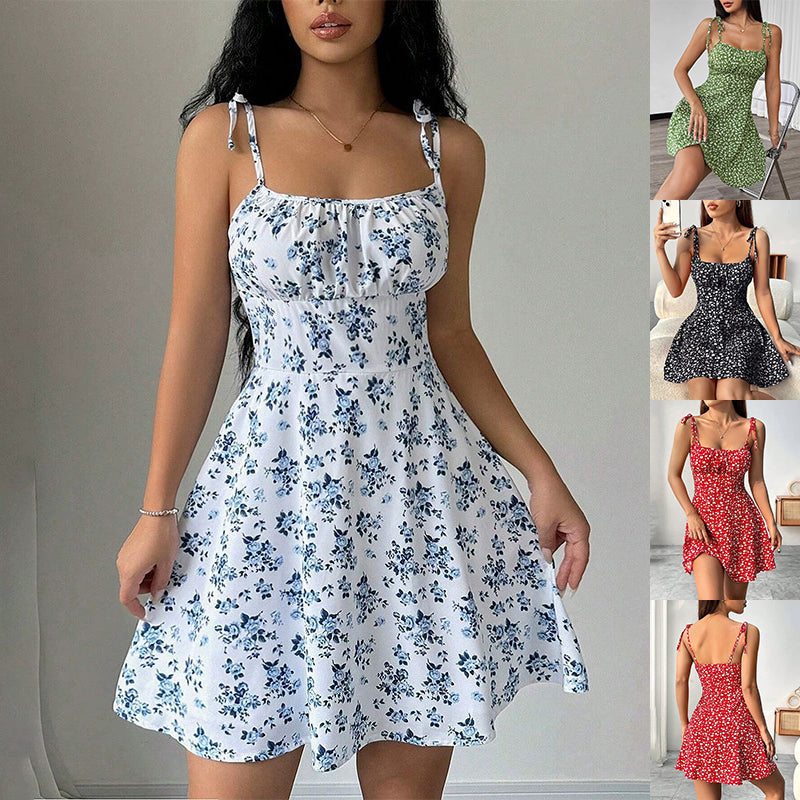 Floral Print A Line Dress For Women Mid Waist Short Skirt Summer Casual Slimming Fashion by null