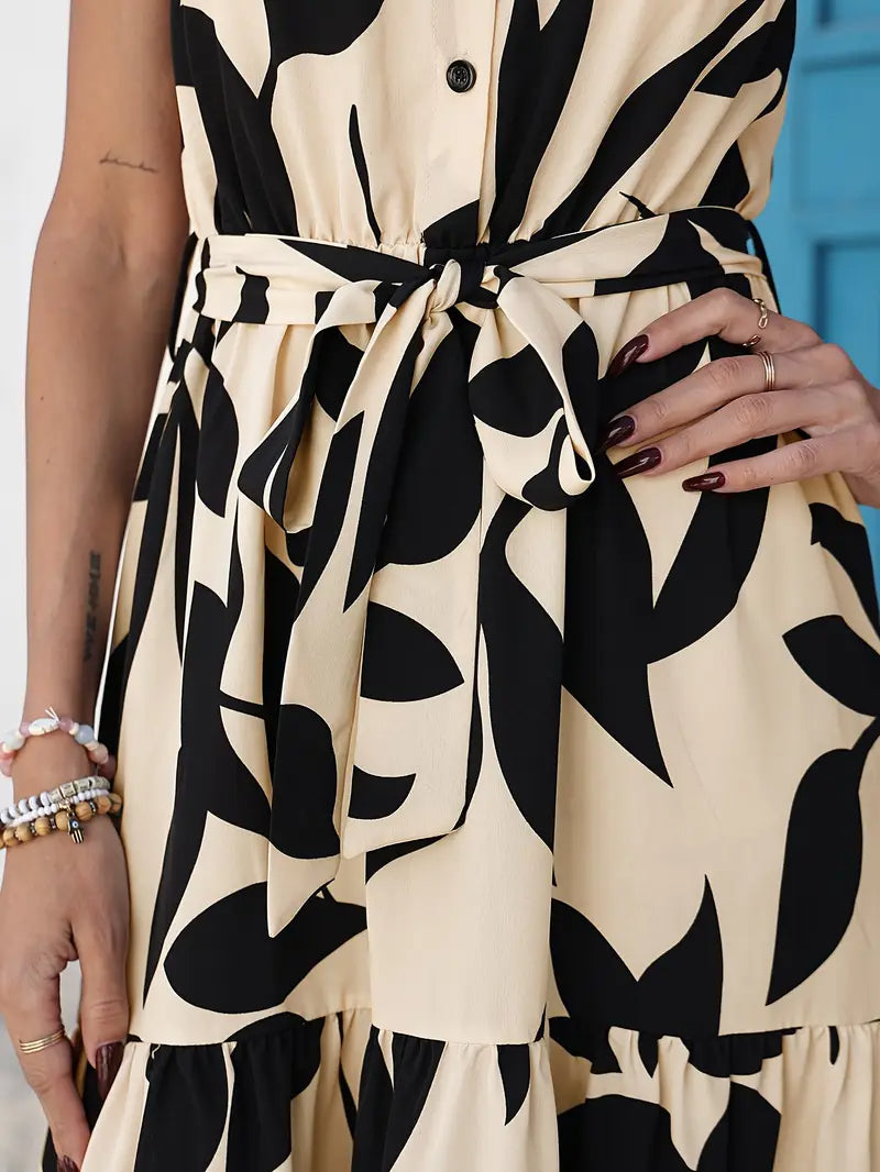 Buy Elegant Sleeveless Printed Shirt Dress Ruffled Hem online at DLC Market