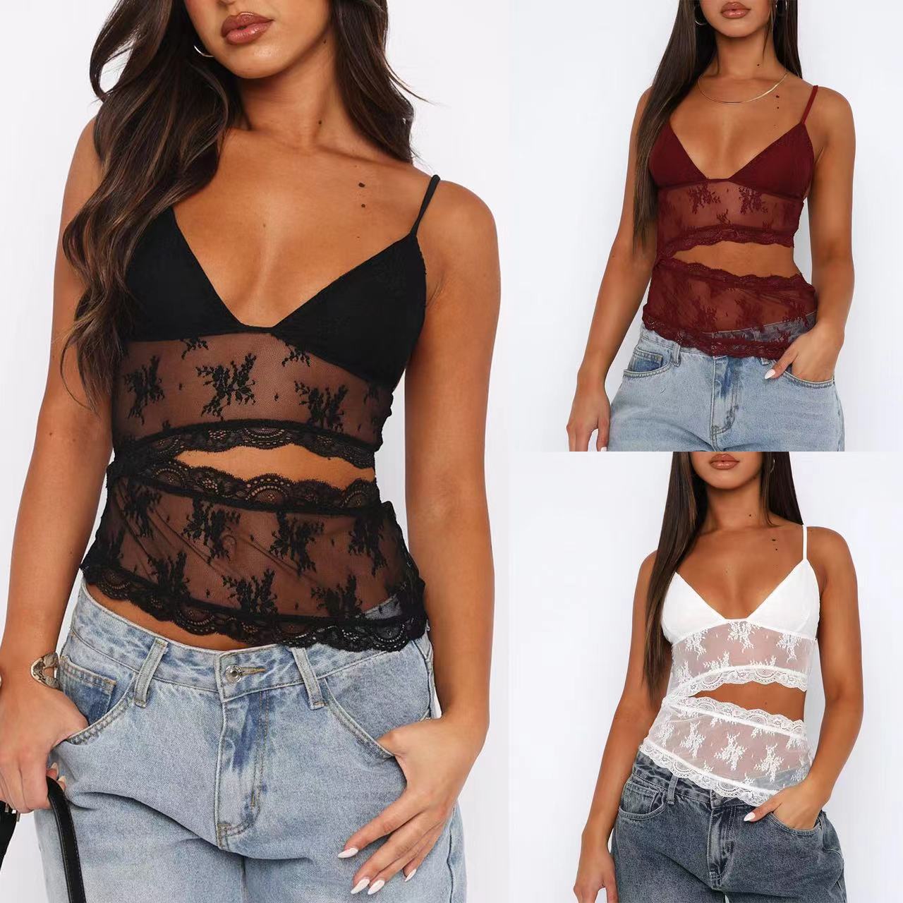 Lace Stitched Backless Small Sling Women V Neck Tank Top Underwear Vest Candy Color Bralette Clothes by null