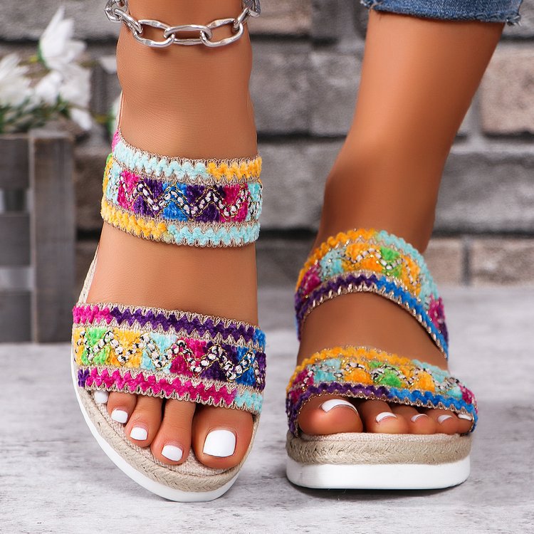 Buy Fashion Wavy Pattern Woven Sandals Summer Casual Ethnic Style Slippers Linen Bottom Wide Strap Wedges Shoes For Women online at DLC Market