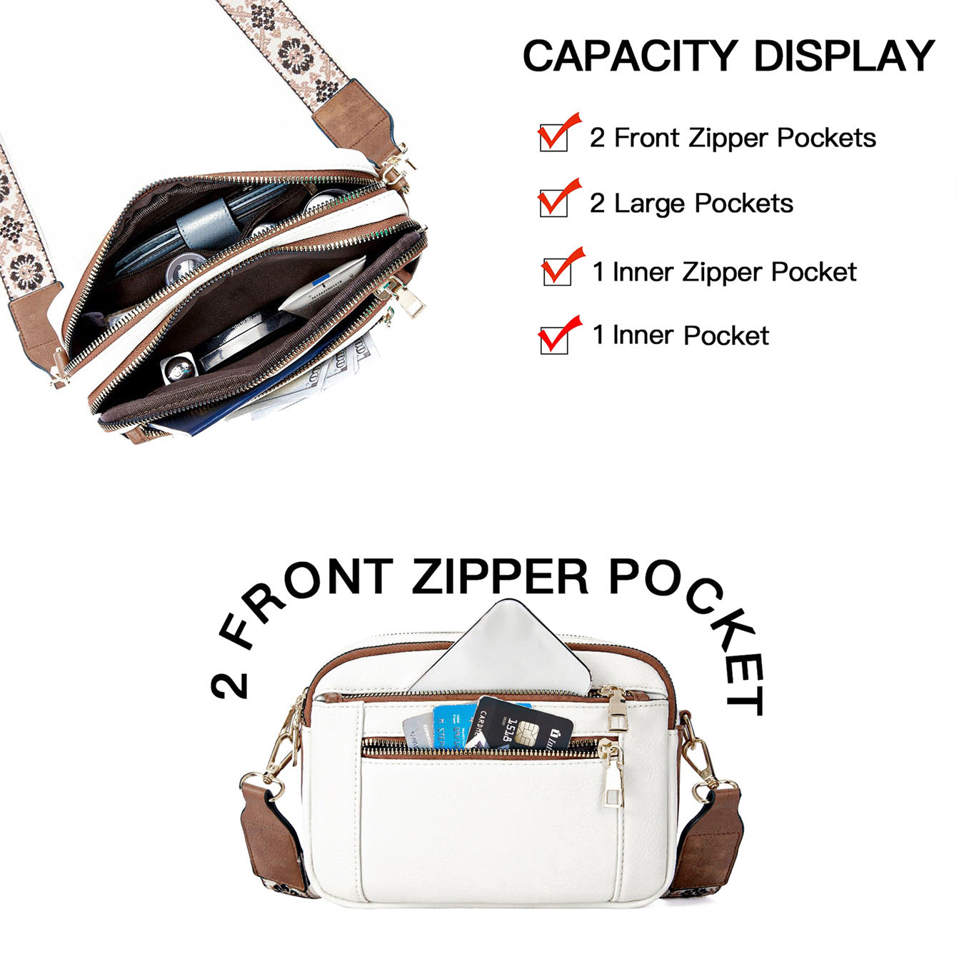 Buy Triple-zipper Shoulder Bag With Floral Embroidered Straps Fashion Colorblock Multi-functional Crossbody Bags For Women online at DLC Market