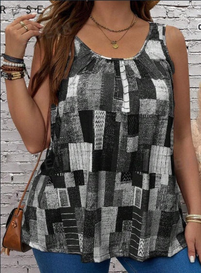 Buy Plus Size Women's Summer Geometric Printed Round Neck Pleated Casual Tank Top online at DLC Market