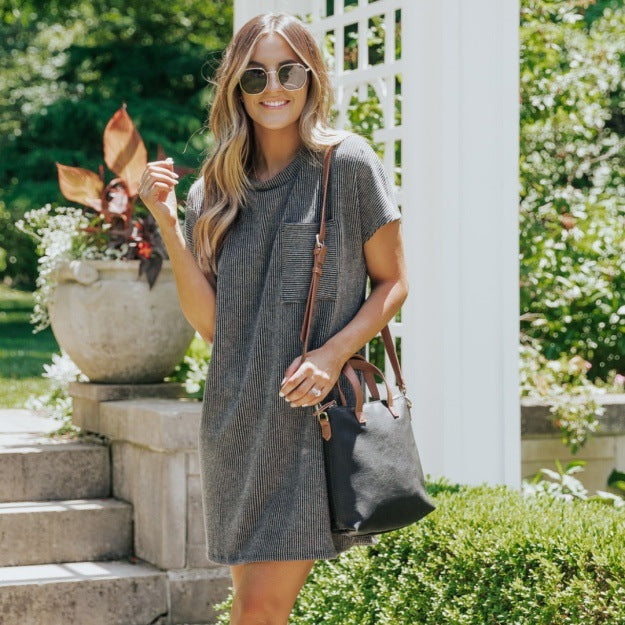 Buy Striped Short Sleeve Pocket Dress Women online at DLC Market