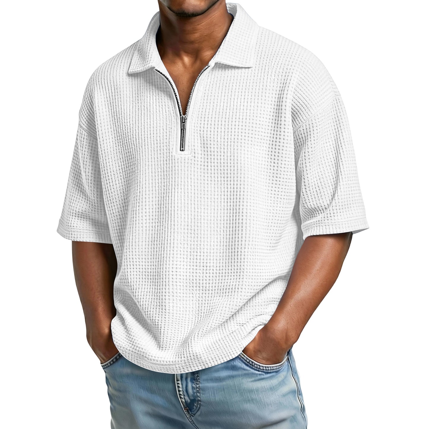 Men's Waffle-Weave Short-Sleeved Shirts Summer Solid Color Lapel Polo Shirt T-Shirt Beach Style Tops by null