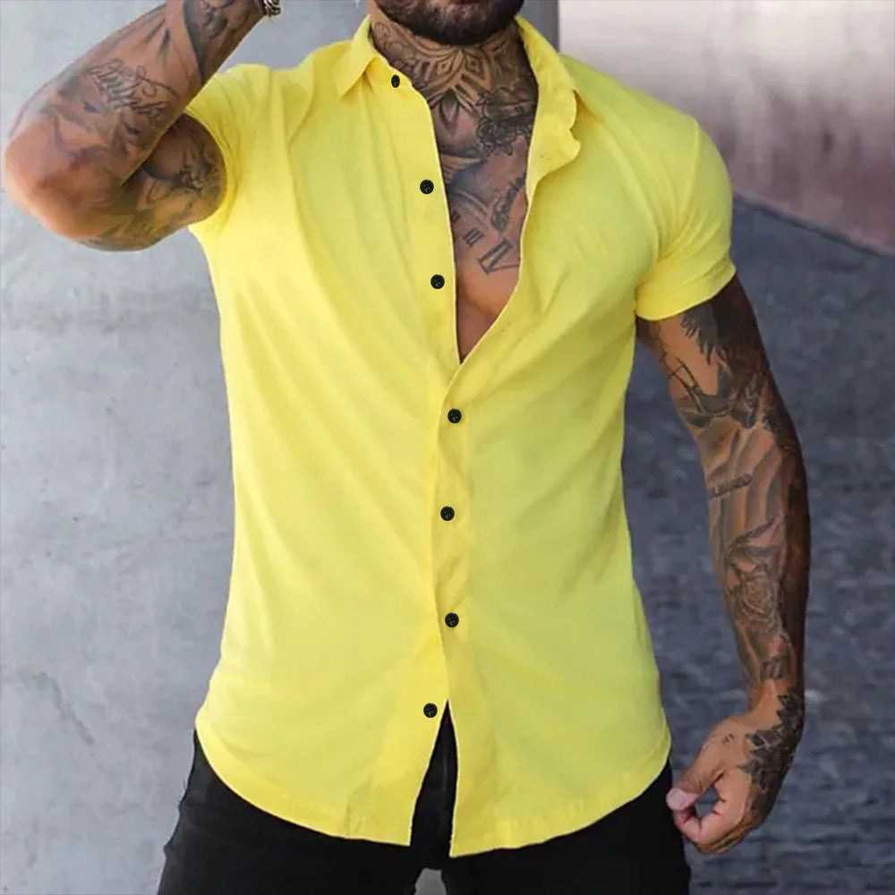 Slim Fit Short Sleeve Shirt Summer Men's Solid Color Casual Tops by null