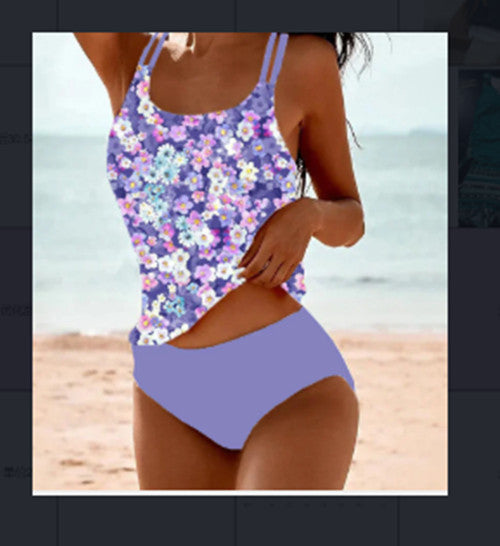 Retro Split High Waist Bikini Beach Print Strap Swimsuit by null