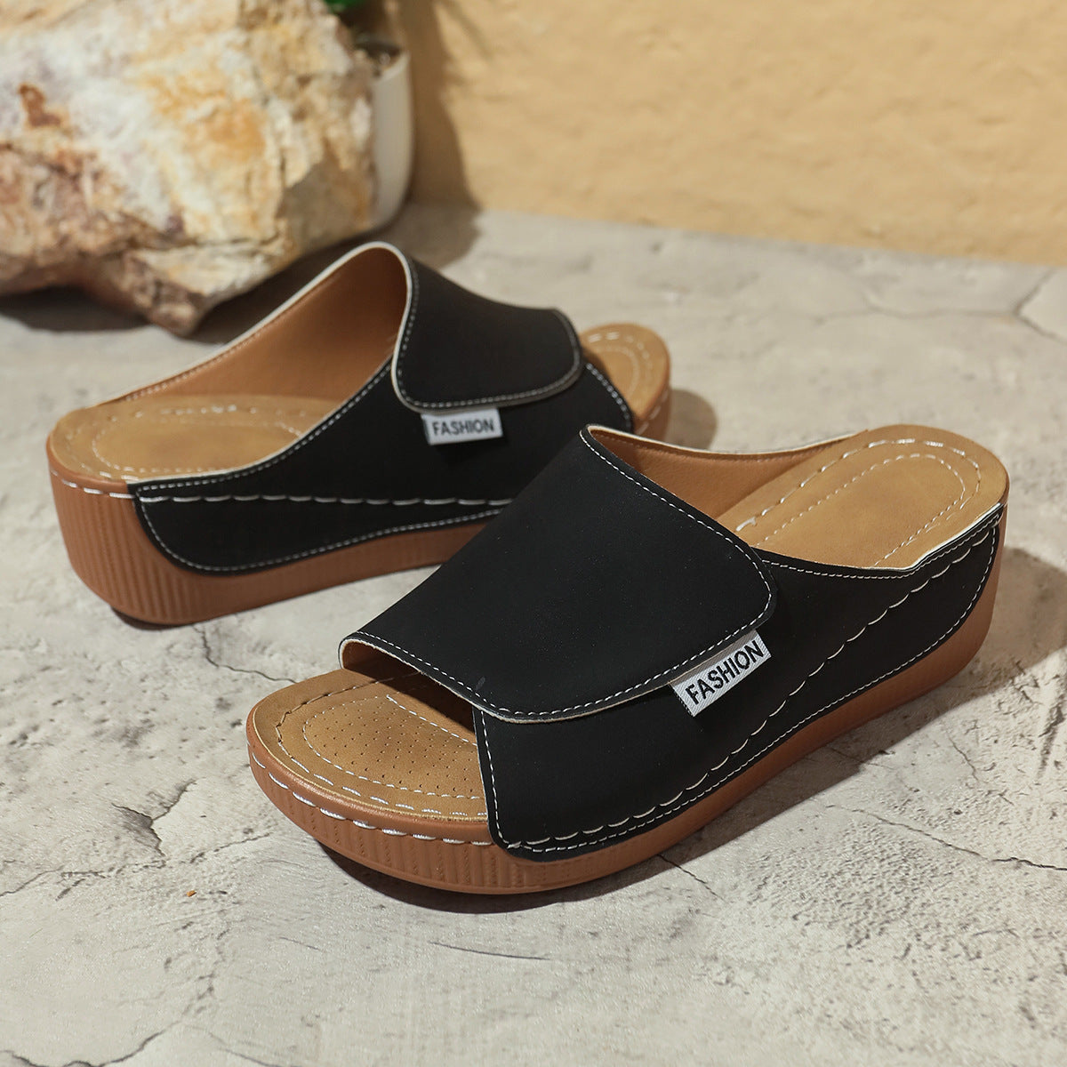 Buy Summer Wedge Slides Slippers Fashion Fish Mouth Thick Bottom Roman Shoes Solid Color Beach Sandals For Women online at DLC Market