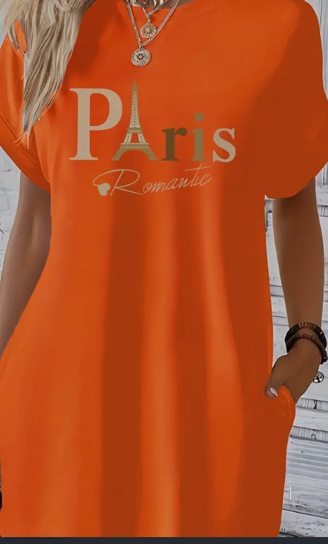 Buy Midi Paris Print Crew Neck Tunic Dress - Geometric Pattern, Mid Elasticity, Semi-Sheer, Dual Pockets, Loose Fit, Machine Washable, Perfect For Spring, Summer, And Fall - Womens Casual Short Sleeve Pol online at DLC Market