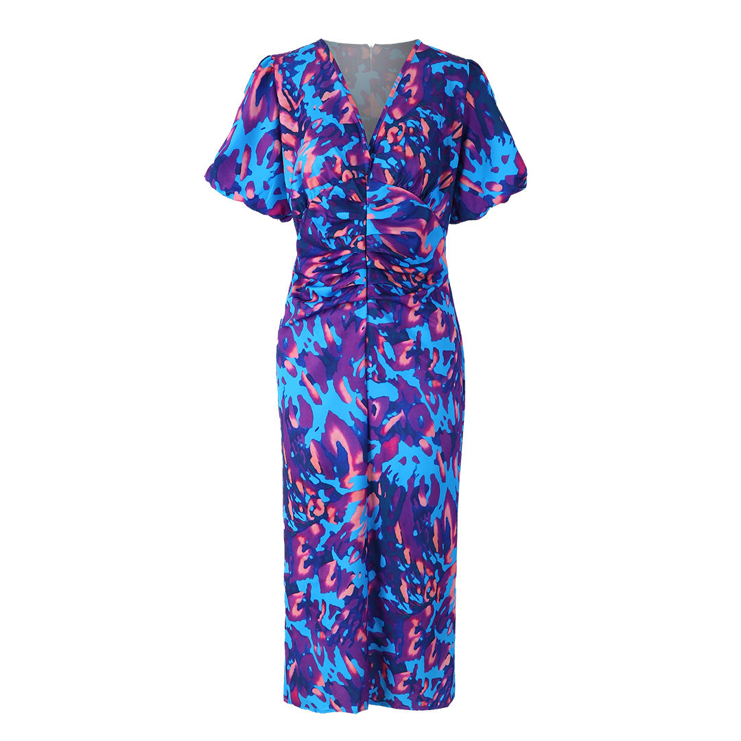 Puffed Short Sleeve Dress Summer Floral Printed V-neck Skinny Dresses by null