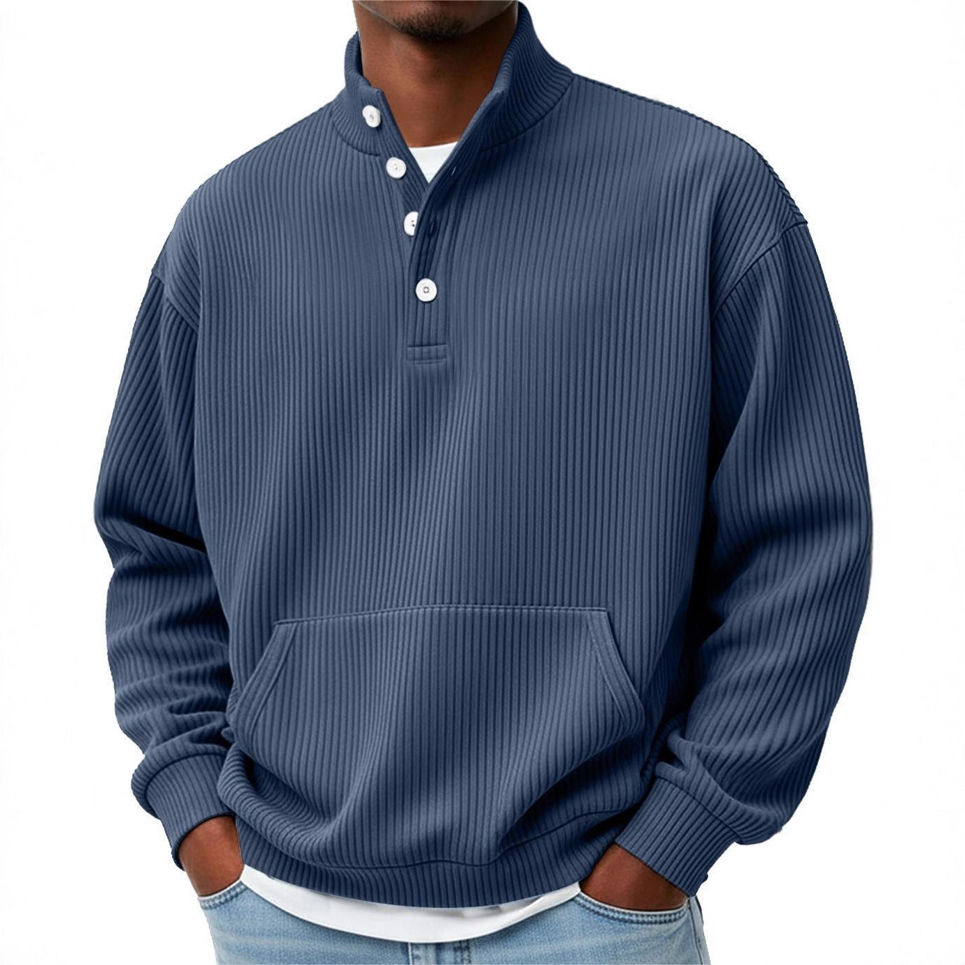 Mens Solid-Color Turtleneck Casual Long-Sleeve Polo Sweatshirt With Pockets For Men Spring Autumn Clothing Loose Button Polo Collar Tees Tops Man Outwear by null