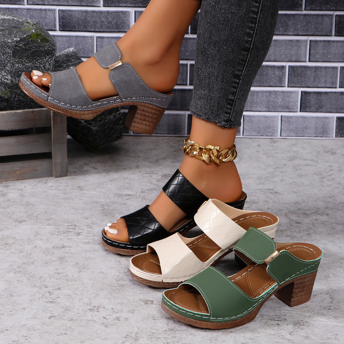 Buy Chunky Heel Sandals Summer Round Toe Plaid Slides Slippers Fashion Outdoor High Heels Shoes For Women online at DLC Market