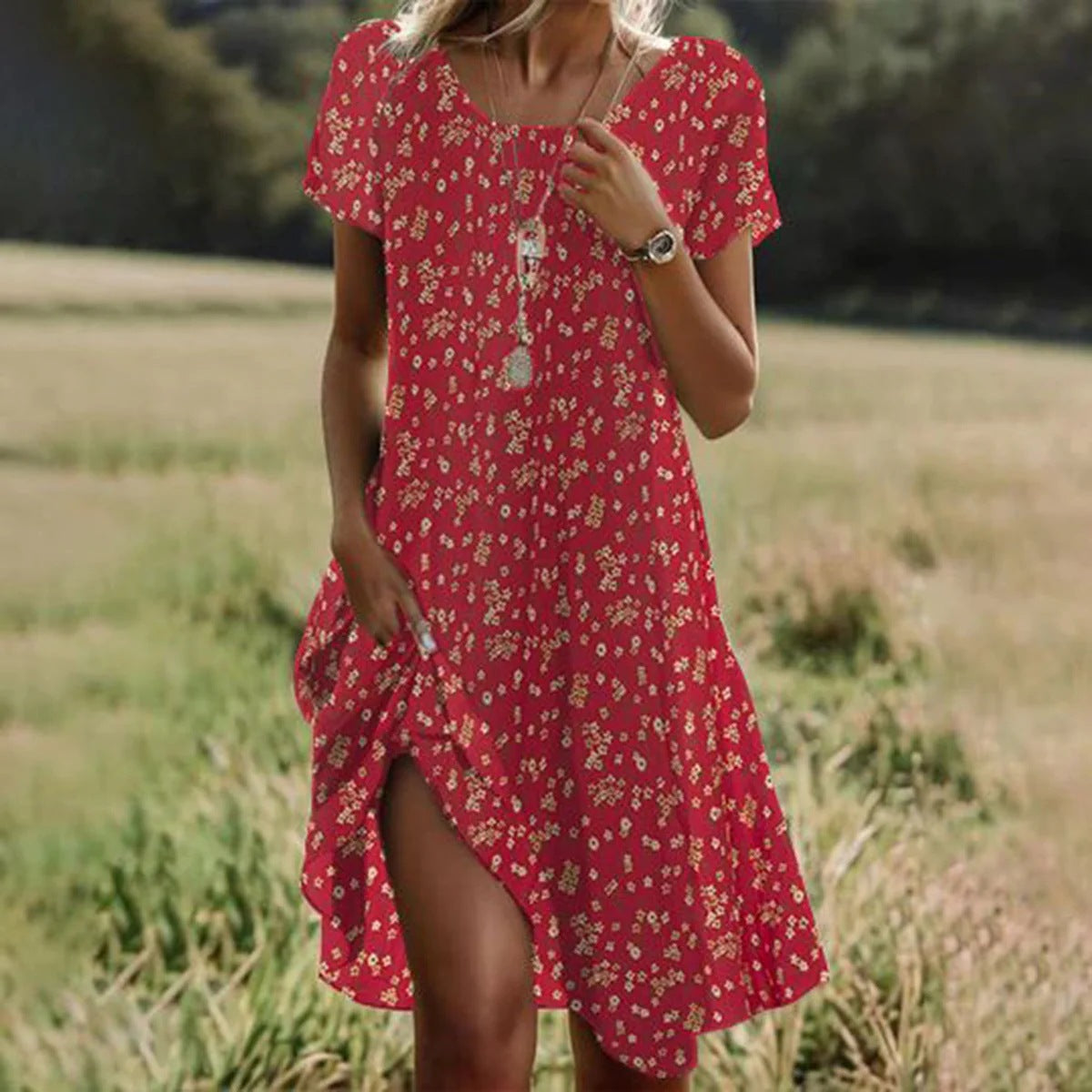 Women's Artistic Ethnic Style Scoop Mid-length Dress by null