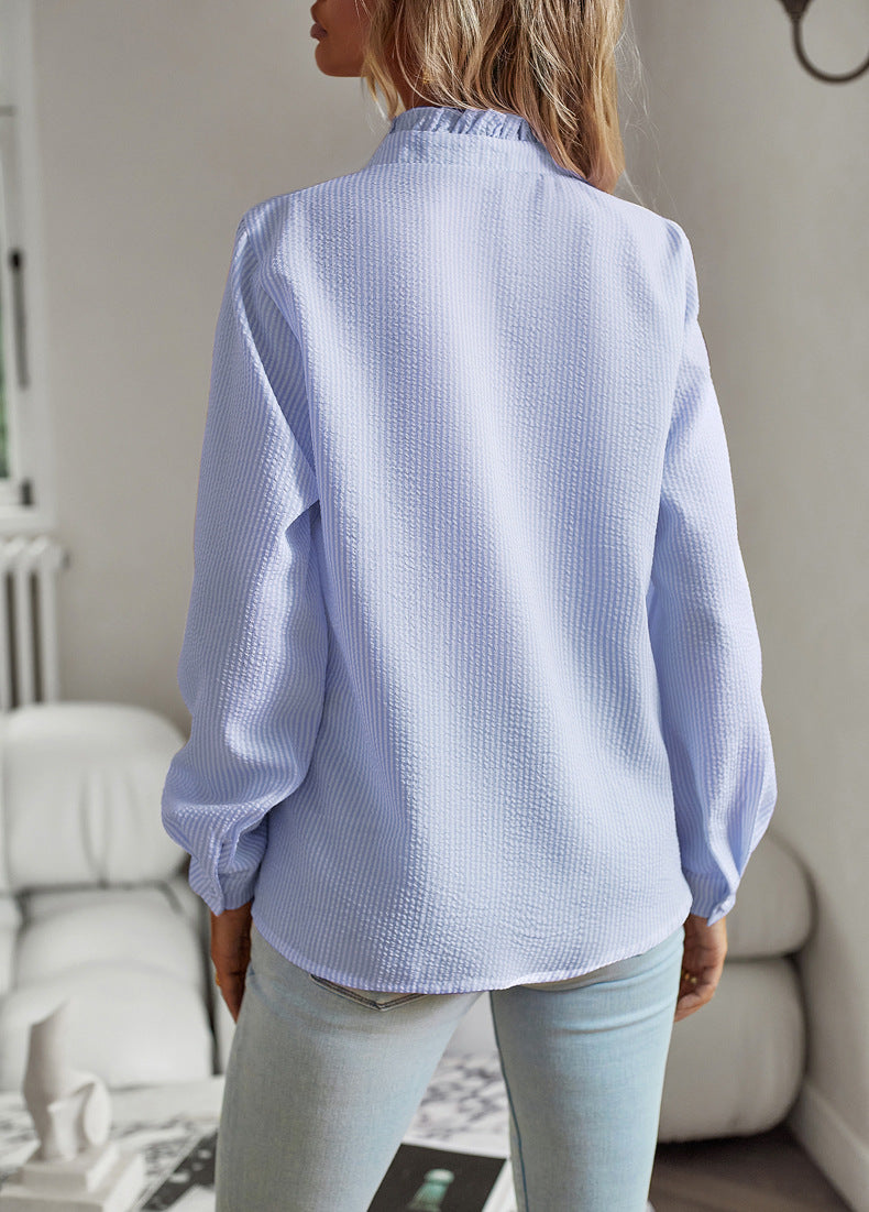 Striped Long Sleeve Shirt Fashion Ruffle Design Button Up Tops Casual Office Blouse Elegant Commuting Women's Clothing by null