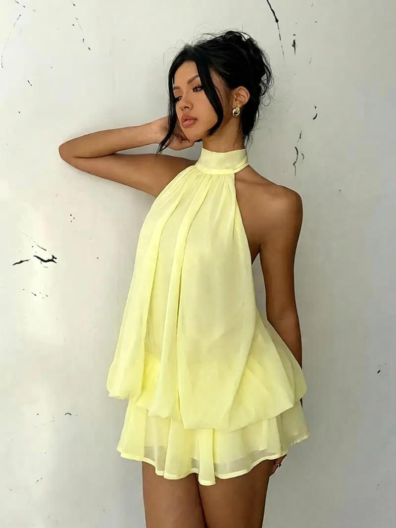 Chiffon Halter Tea Length Dress Sassy Skirt by null