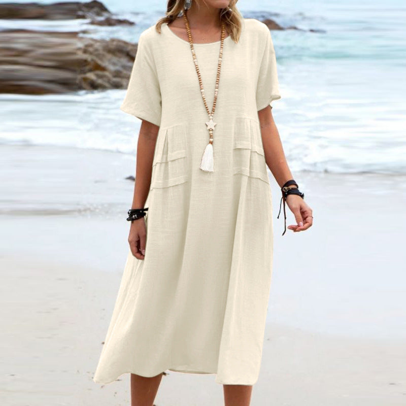 Buy Women's Summer Loose Casual Midi Dress Breathable Cotton Linen Short-sleeve Mid-length Dresses Women Simple Beach Dress online at DLC Market