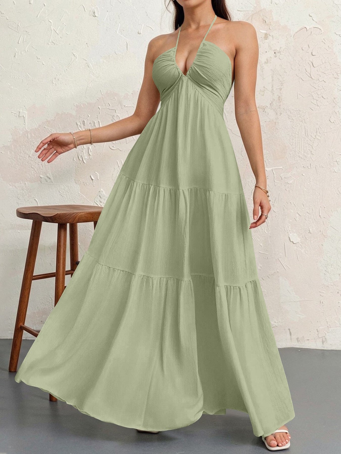 Backless Halterneck V-Neck Pleated A- Line Dress Women's Clothing One-Piece Dress Ankle-length Skirt For Beach Vacation Outfits by null