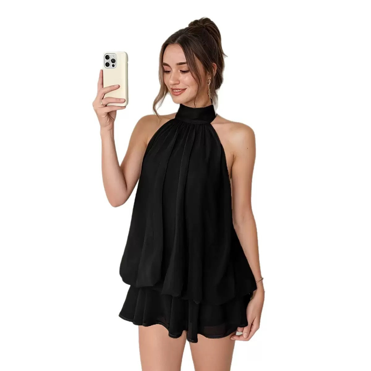 Chiffon Halter Tea Length Dress Sassy Skirt by null